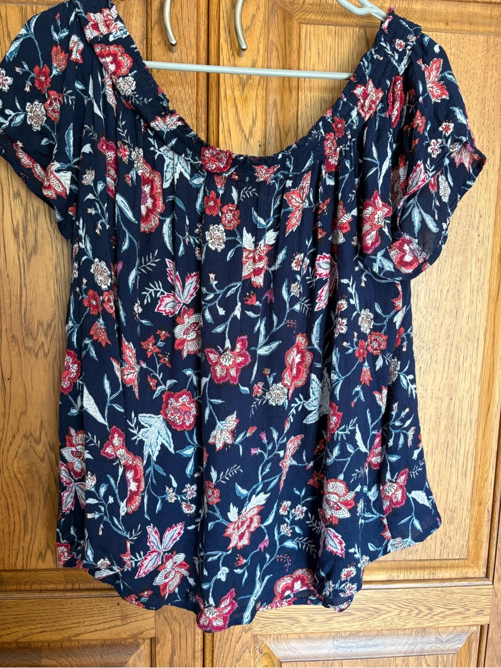 Old Navy Navy Floral Off-Shoulder Blouse with Red Accents